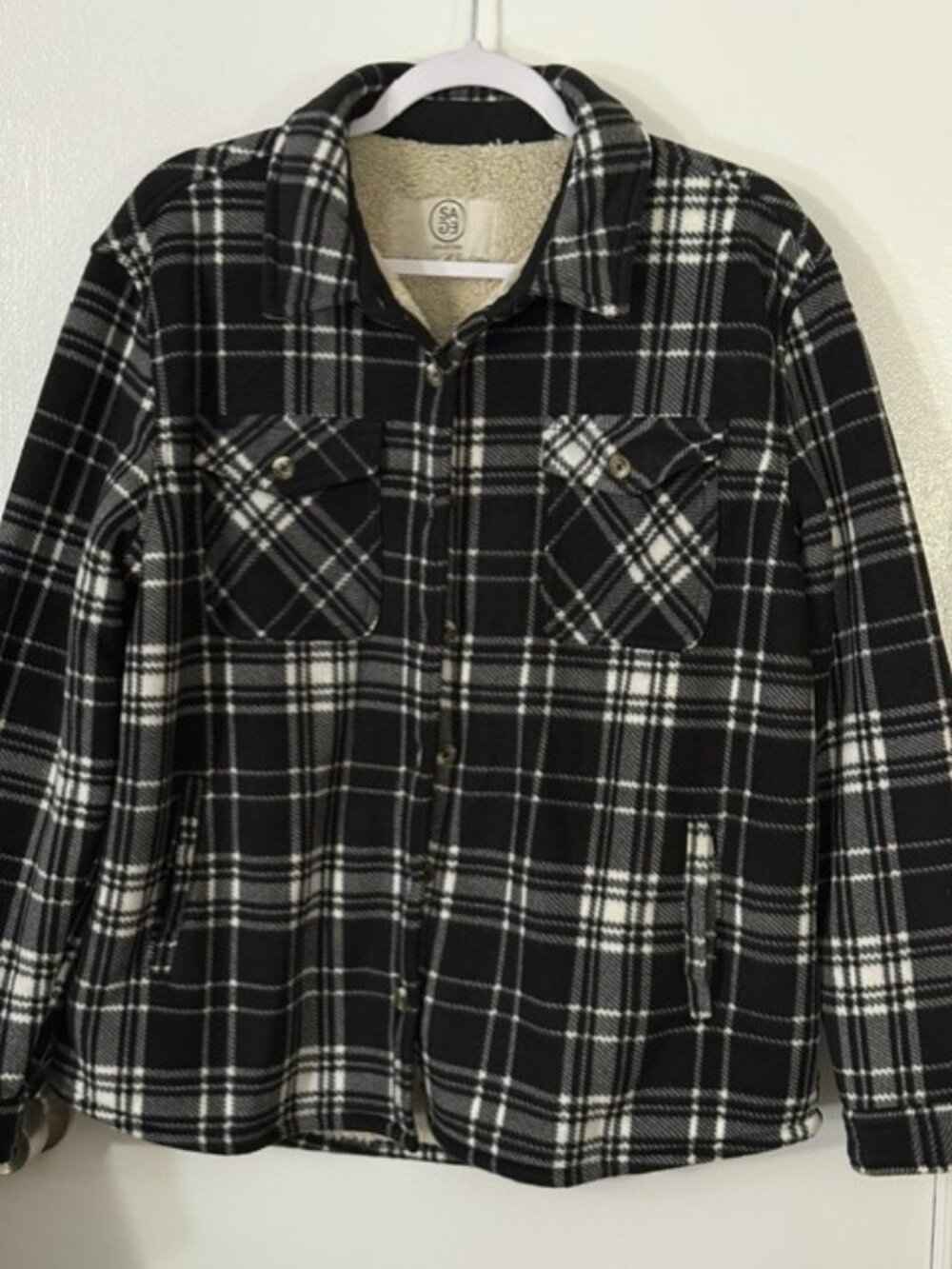 Sage Collective Black & White Plaid Sherpa-Lined Shacket - Size L